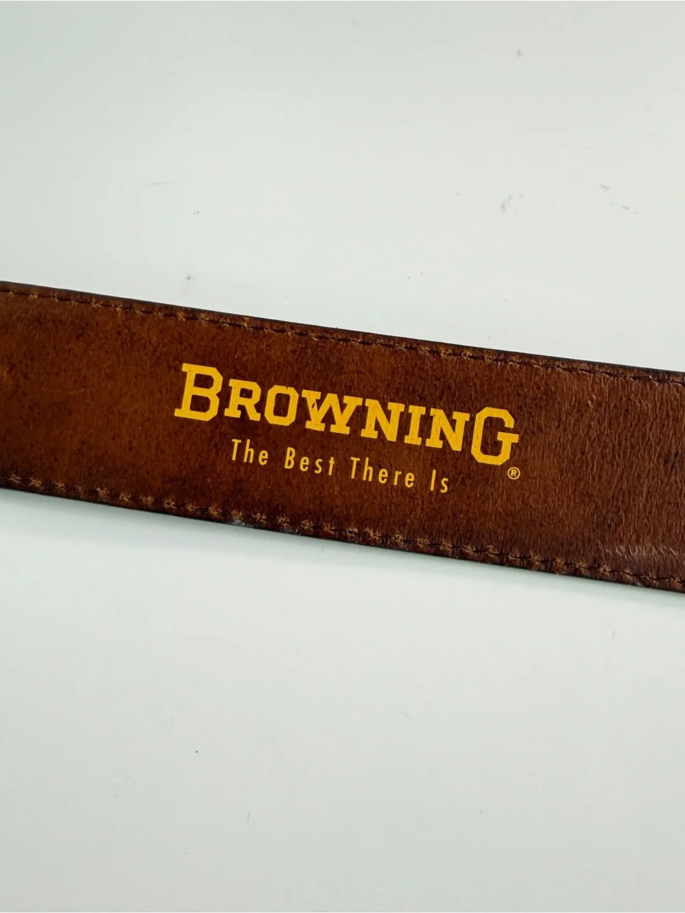 Vintage Browning brown leather belt textile green camo inlay silver logo sz 38